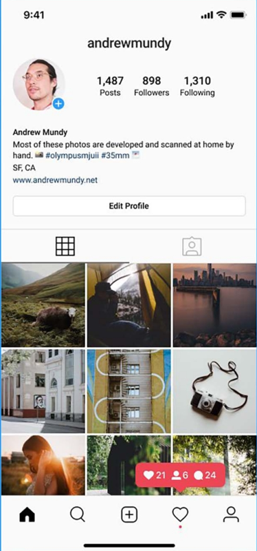 Instagram Edit Profile 버튼 화면 인터페이스