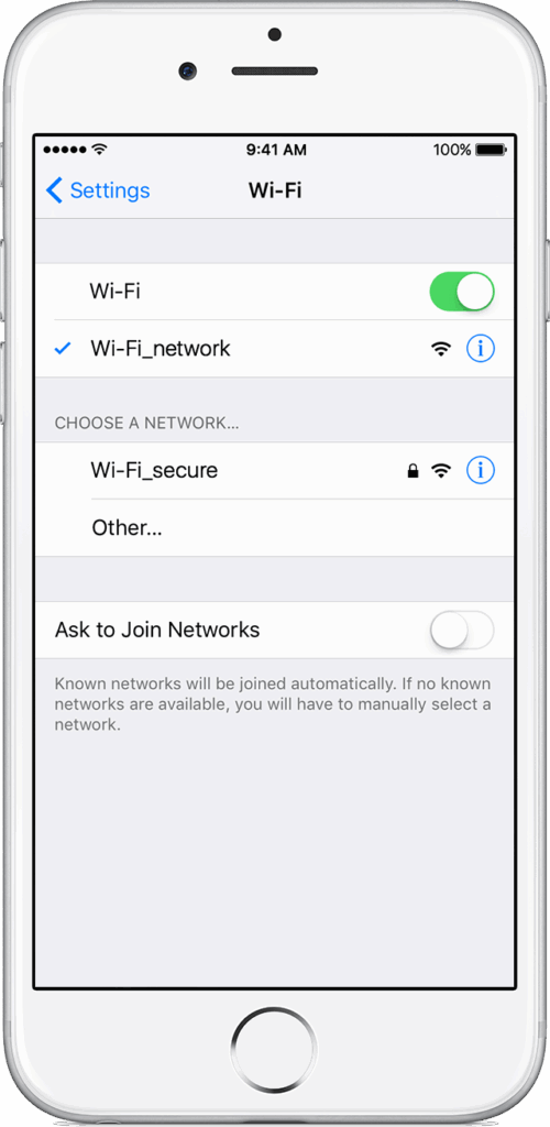 아이폰 설정에서 Wi-Fi 네트워크 접속 화면