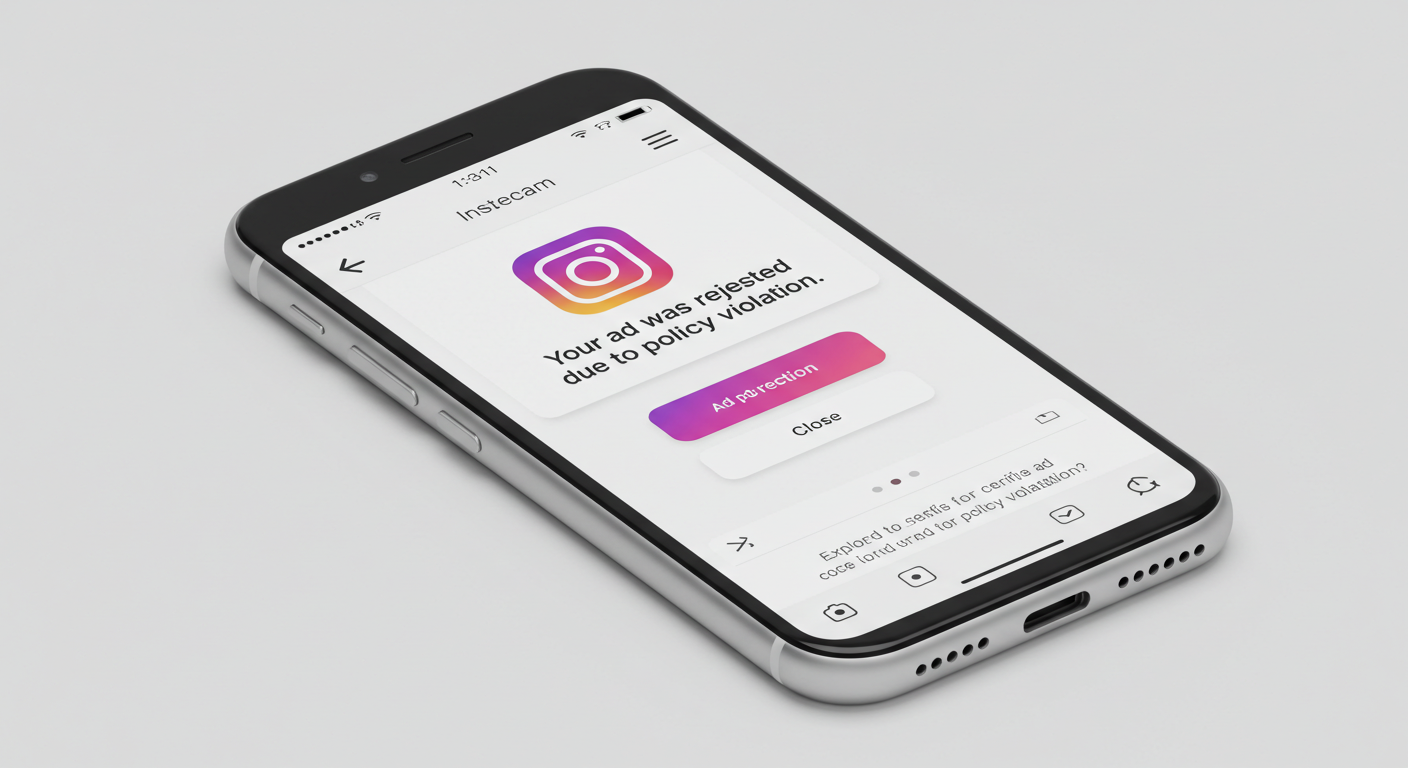 Instagram ad rejection popup with policy violation message on a mobile interface