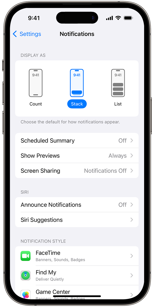 iOS 18 알림 관리 설정 화면 (Apple 공식)