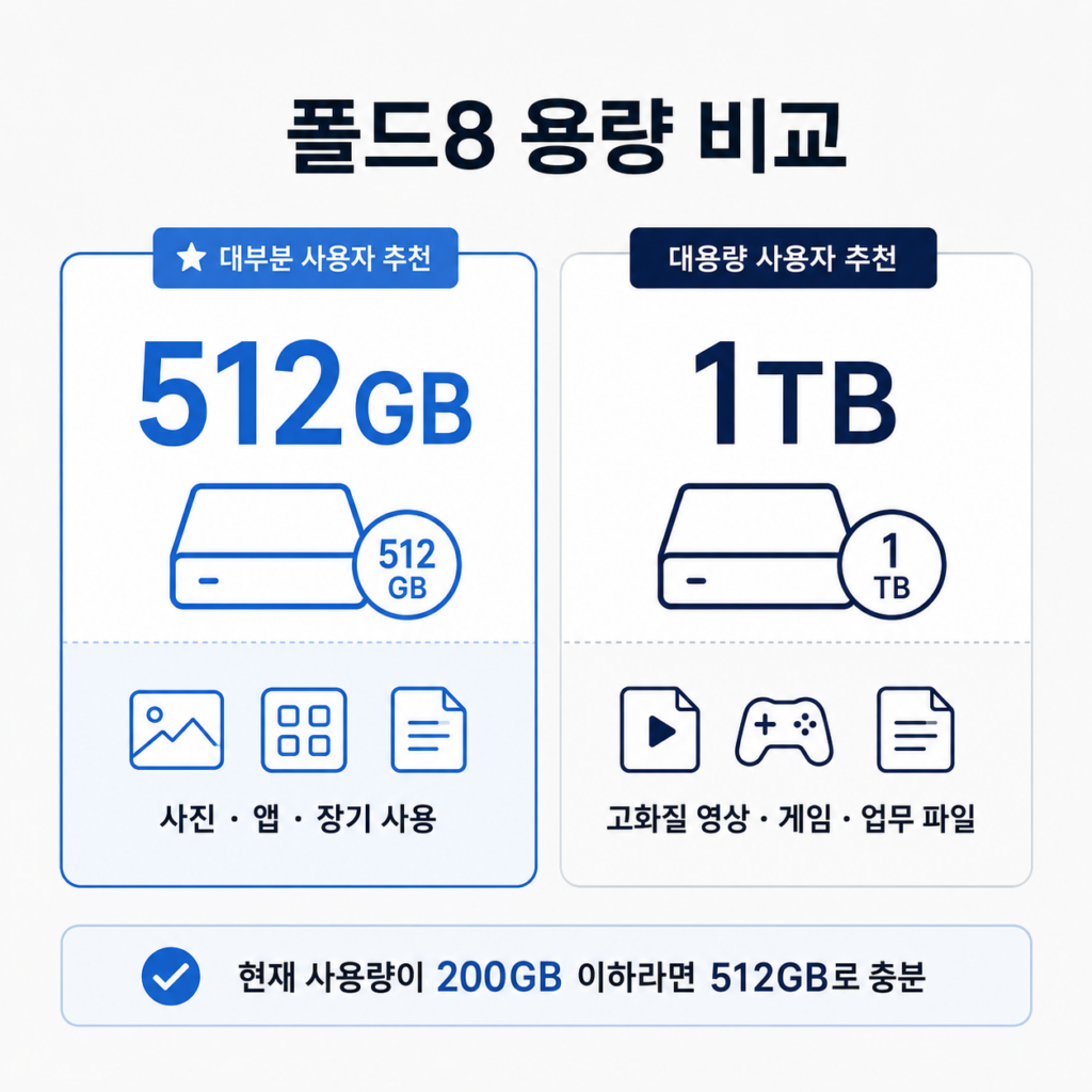 갤럭시 Z폴드8 용량 비교