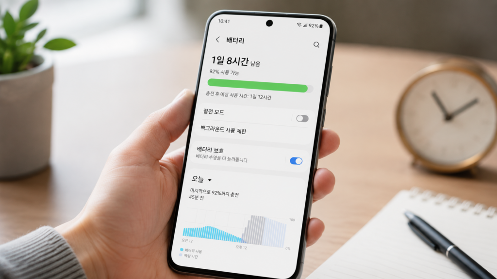 갤럭시 배터리 확인하는 모습