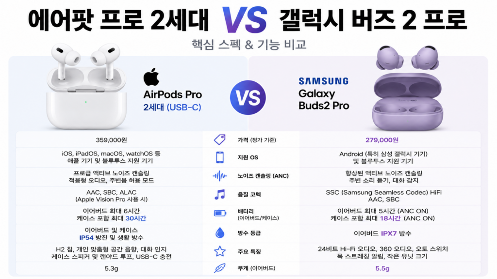 에어팟 프로 2세대 갤럭시 버즈 2 프로 비교 인포그래픽