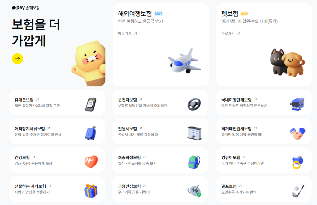 카카오페이 손해보험 보험 종류