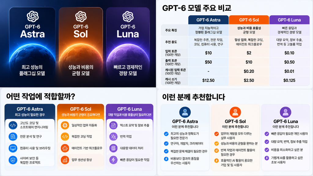 GPT-6 Sol Luna Astra 비교 인포그래픽