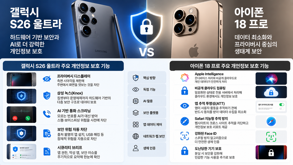 갤럭시 S26 vs 아이폰 18 개인정보 보호 비교